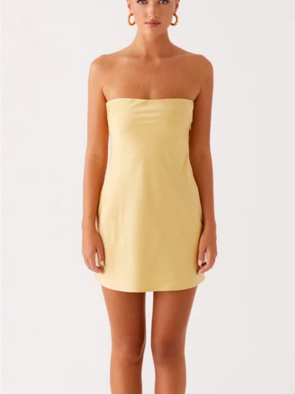 Peppermayo Strapless Satin Dress in Pale Yellow with Back Bow - Picture 2 of 4